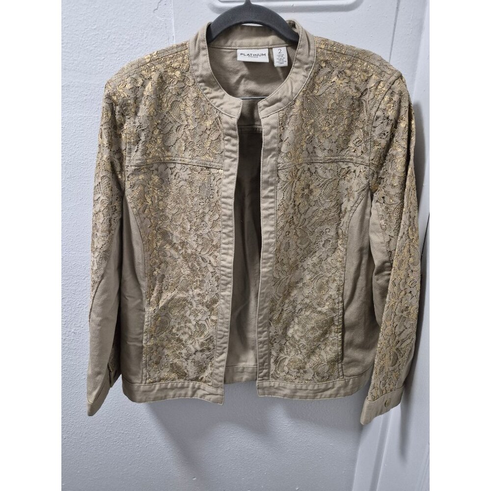 Chicos Platinum Khaki Jacket With Gold Lace Accents Womens Size 2 Beige Elegant